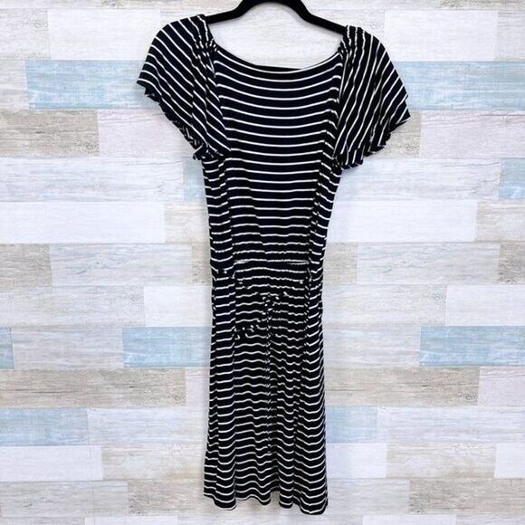 LOFT Striped Tie Waist T Shirt Dress Black White Casual Womens XSP - Picture 2 of 7